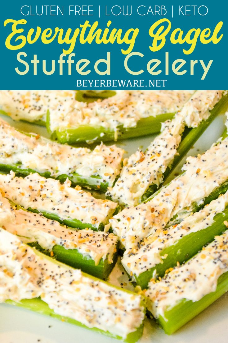 Everything Bagel Stuffed Celery is a low-carb appetizer that combines everything bagel seasoning with cream cheese and then stuffed in celery to make a simple 3-ingredient keto snack.