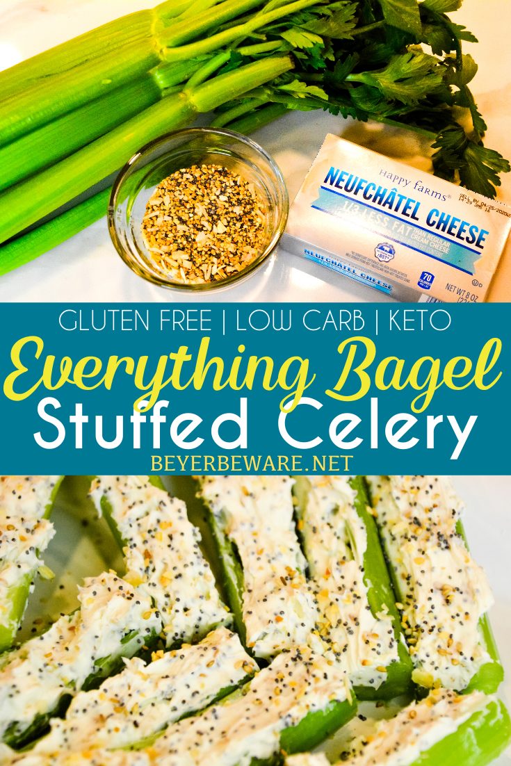 Everything Bagel Stuffed Celery is a low-carb appetizer that combines everything bagel seasoning with cream cheese and then stuffed in celery to make a simple 3-ingredient keto snack.