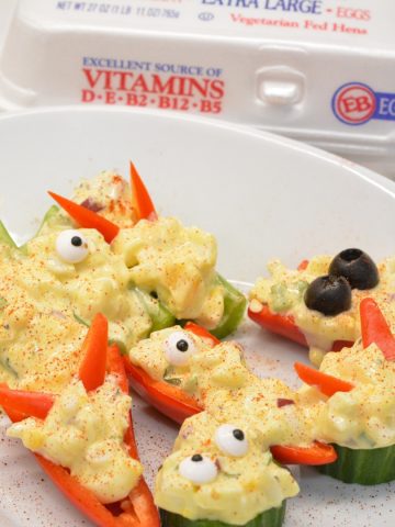 Make Halloween snacking spooky and nutritious with this devilish egg salad stuffed veggies where you can have finger foods packed with protein too.