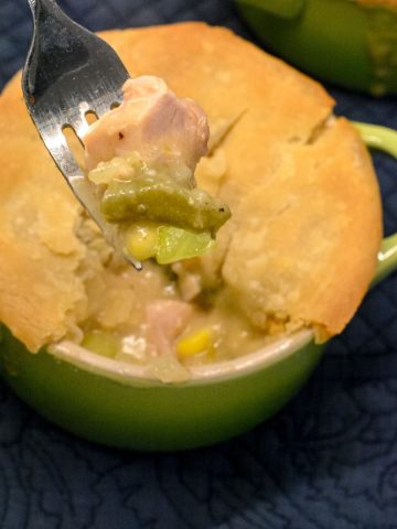 Mini turkey pot pie recipe with leftover turkey, corn, and green bean casserole. Quick, easy, and perfect for a comforting meal.