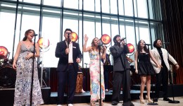 Sebastián Yatra performs on stage with prior Latin GRAMMY Cultural Foundation Scholarship winners at the LGCF Sebastián Yatra Scholarship Ceremony on August 7, 2024 in Coral Gables, Florida.