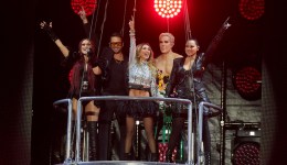 Dulce Maria, Christopher von Uckermann, Anahí, Christian Chávez, and Maite Perroni of RBD perform in concert during the "Soy Rebelde Tour" at Aztec Stadium. on December 21, 2023 in Mexico City, Mexico.