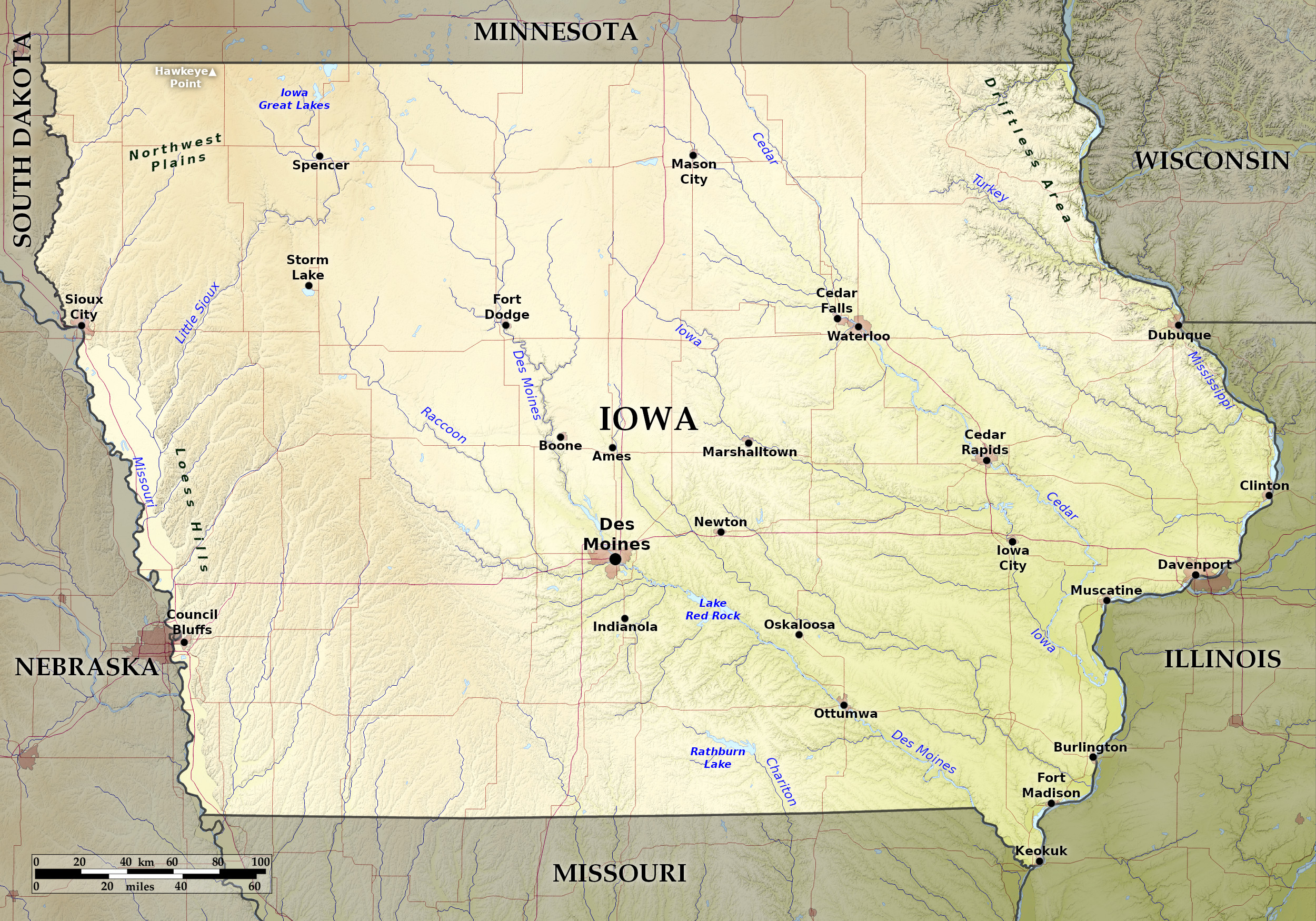 Blue Green Atlas - Free relief map of USA - Iowa