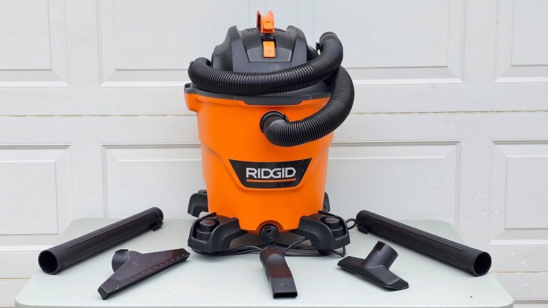 Ridgid shop vac with accessories and attachments laid out