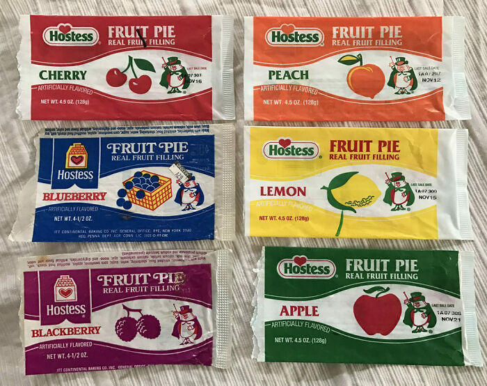 Hostess fruit pie packages in various flavors, a nostalgic 90s food favorite.