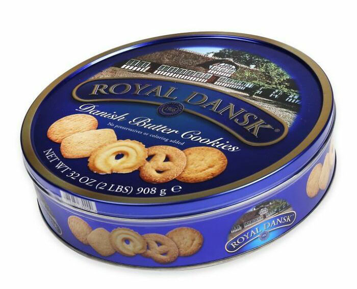 Royal Dansk tin of nostalgic 90s Danish butter cookies, classic blue packaging.