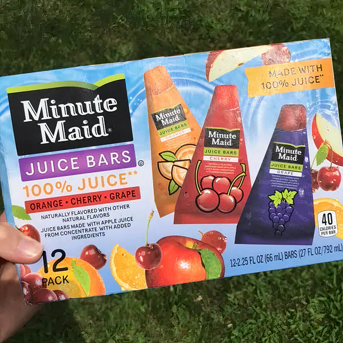 Box of Minute Maid juice bars with 90s nostalgic flavors: orange, cherry, and grape.