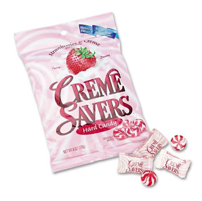 Creme Savers hard candy package from the nostalgic 90s, featuring strawberry flavor.