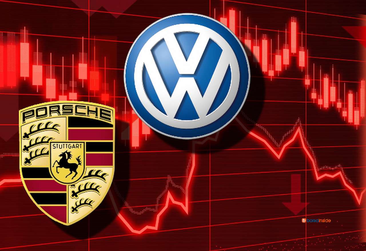 Il simbolo di Porsche e quello di Volkswagen con dei grafici in rosso sullo sfondo