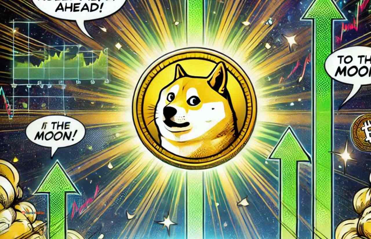 Una moneta con il cane simbolo di Dogecoin e delle frecce verdi che vanno in verticale verso l'alto