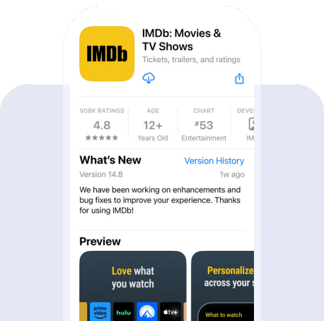 Screenshot of the IMDb app listing in the app store