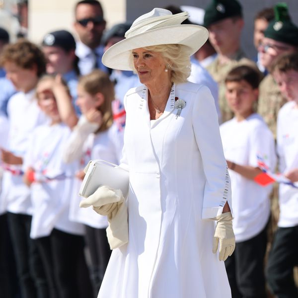Queen Camilla Walking in White Coat Dress, White Hat, and Nude Heels