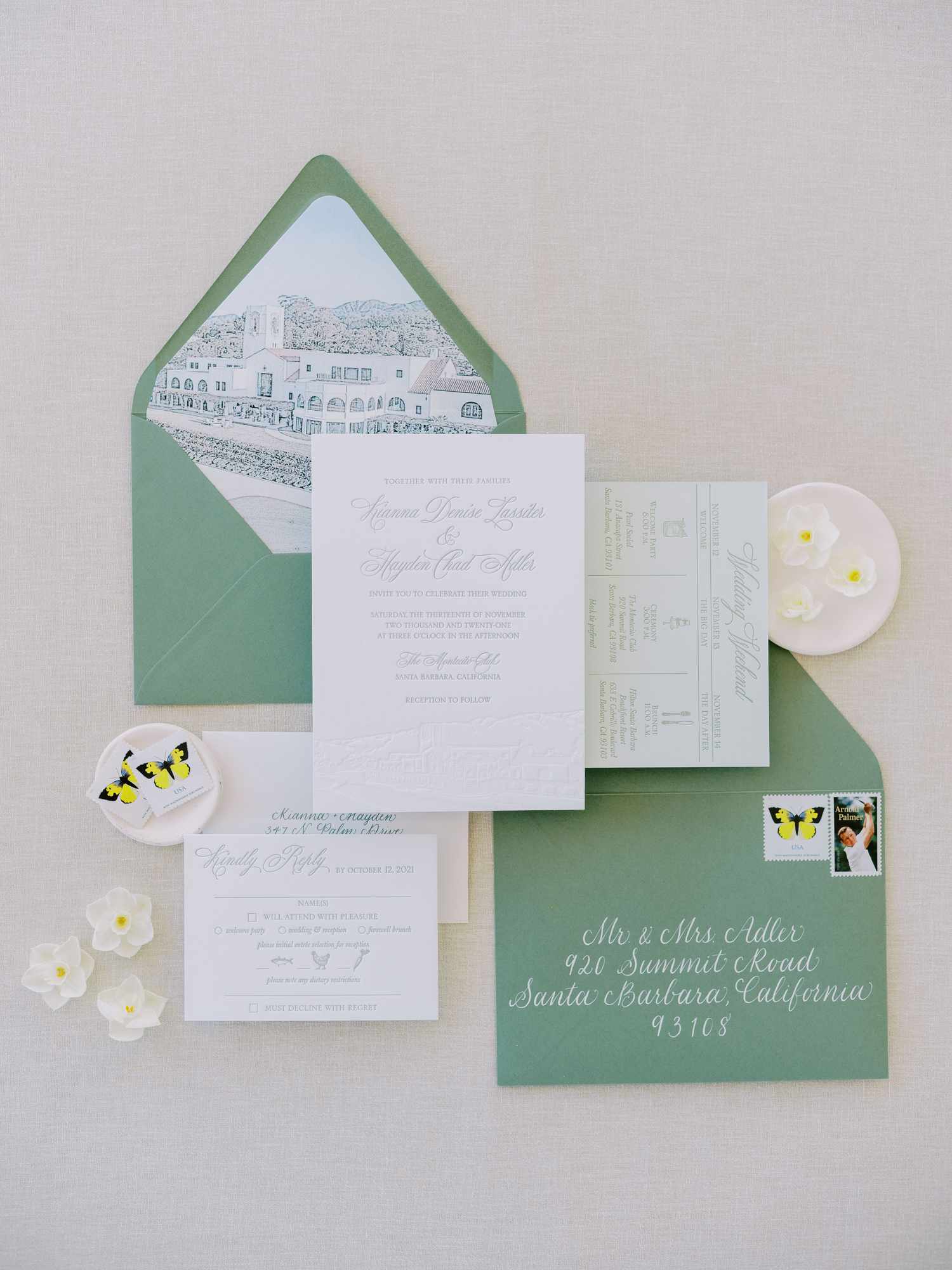 Kianna and Hayden's invitations with green envelopes