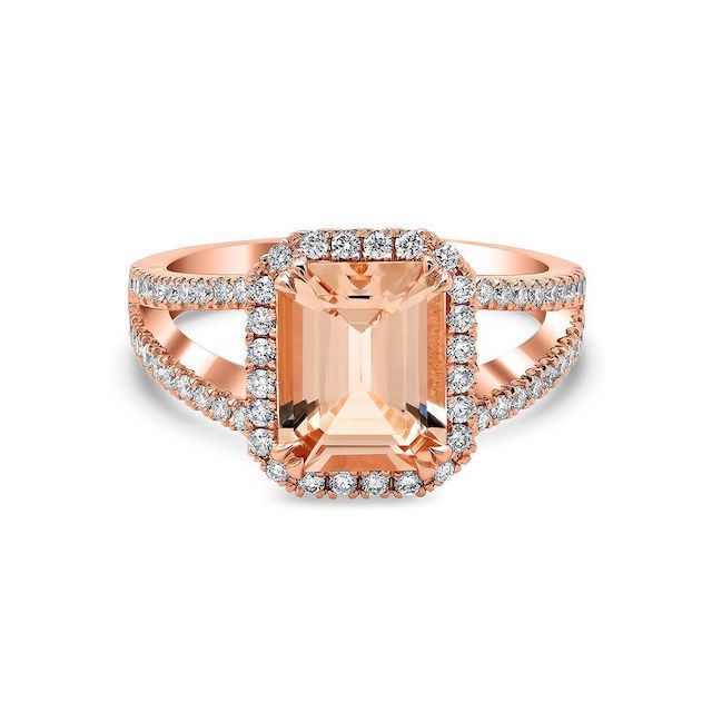 DeBebians Rose Gold Split Shank Emerald Morganite Halo Engagement Ring