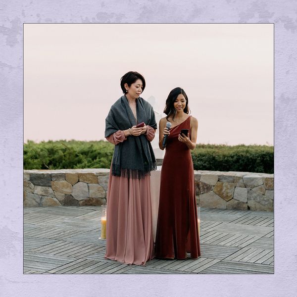 two women giving wedding reception speech