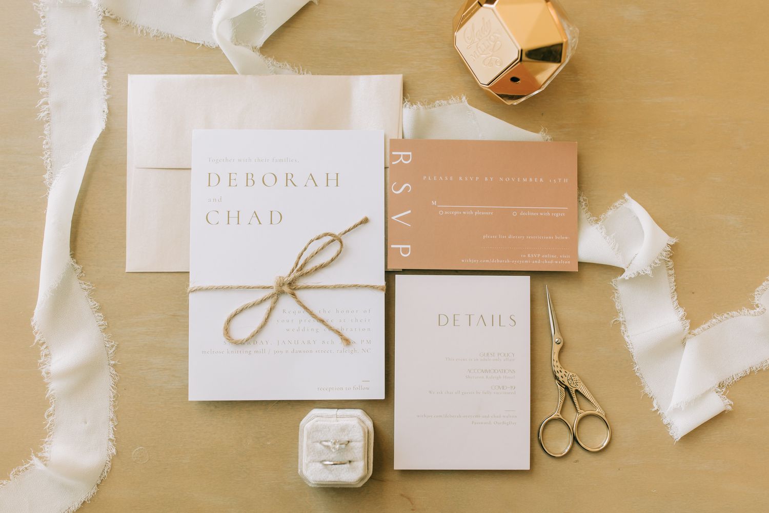 Deborah and Chad's minimalist and modern wedding stationery suite