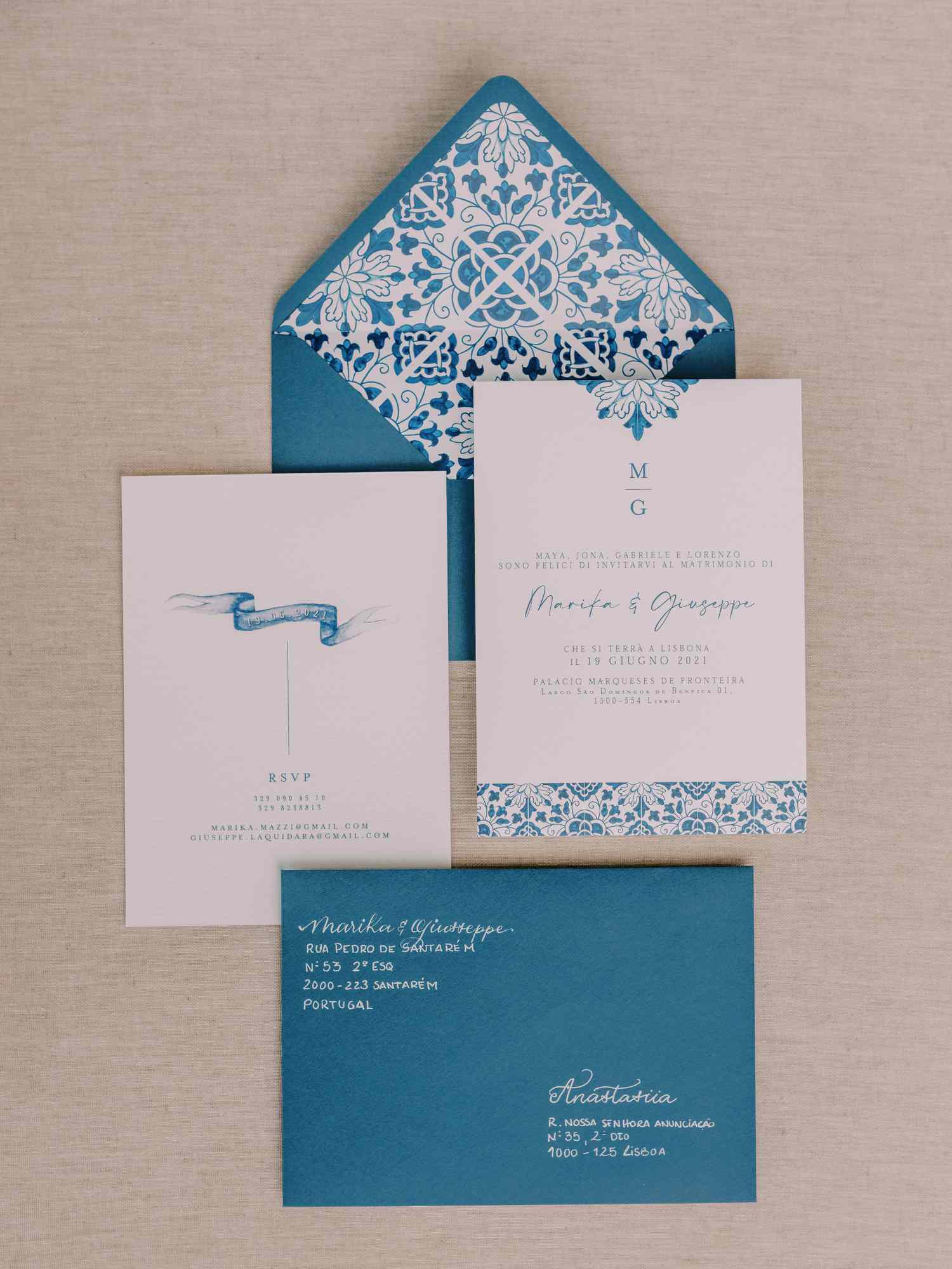 Maria and Giuseppe's blue and white invitations