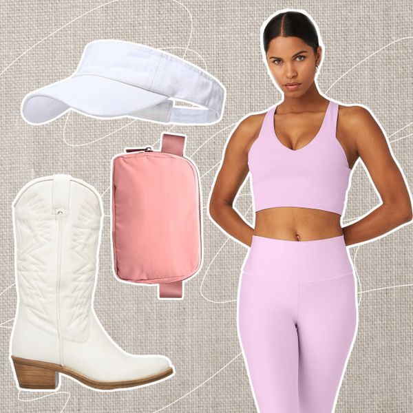 A variety of activewear staples for daytime bachelorette activities on a beige background