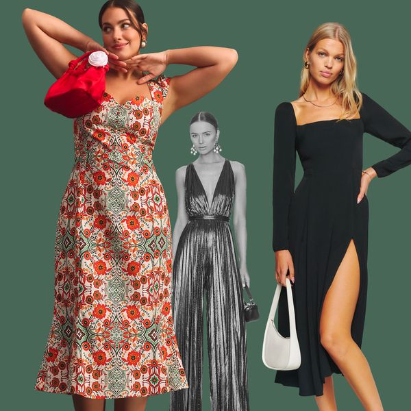 Collage of fall wedding guest dresses we recommend on a green background