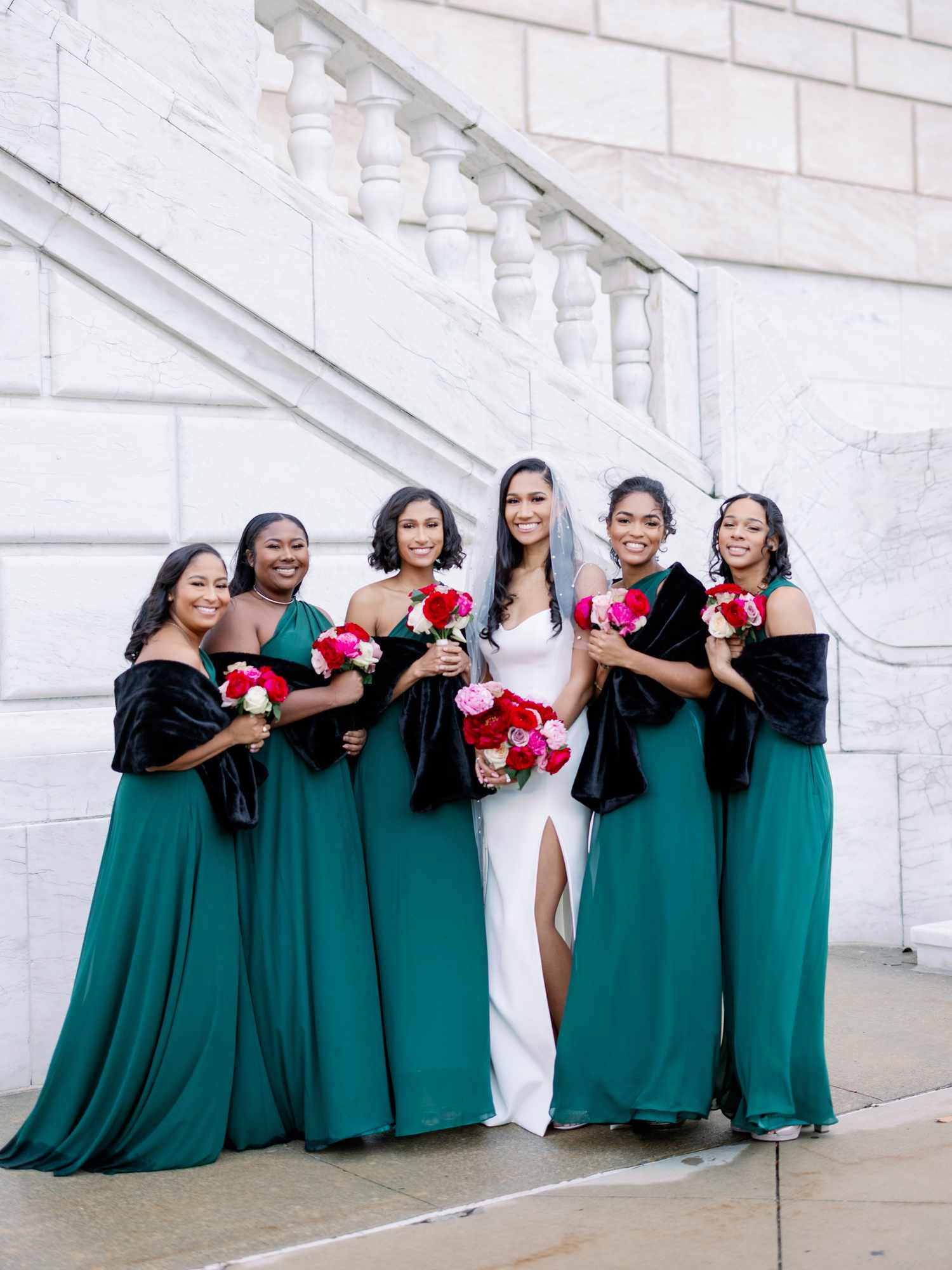 bride and bridesmaid wearing green dresses