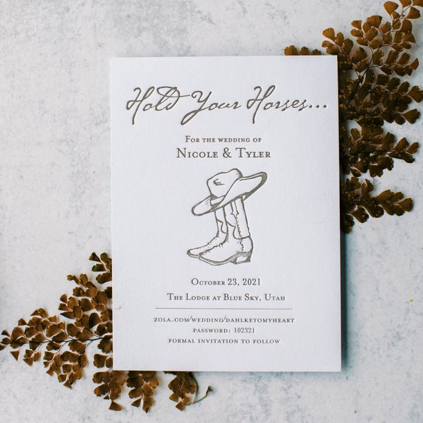 Wedding Save-the-Date With Illustration of Cowboy Boots and Hat