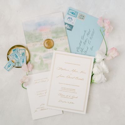Formal White Wedding Invitation Suite with Watercolor Illustration Detail and Light Blue Envelope