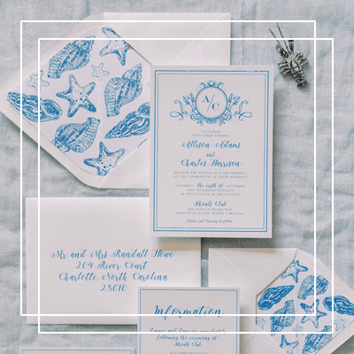 Blue and White Wedding Invitation Suite with Shell Envelope Liner and Modern Calligraphy Print