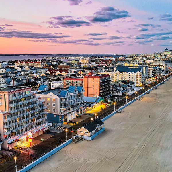 A view of the beach in Ocean City at sunset