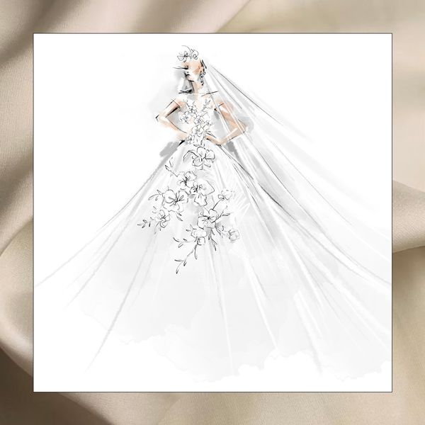 Sketch of White Wedding Dress With Flowers Running Down Center and Long Veil