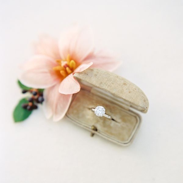 round solitaire diamond engagement ring in a ring box, styled next to a light pink flower