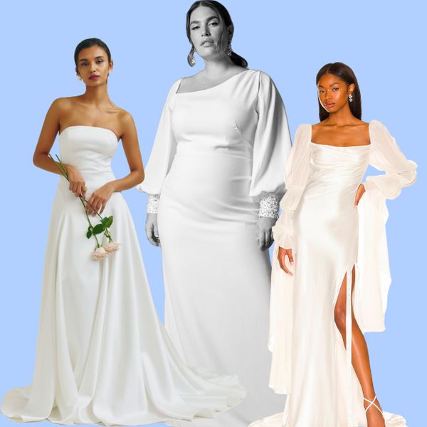 A collage of women wearing wedding dresses on a blue background