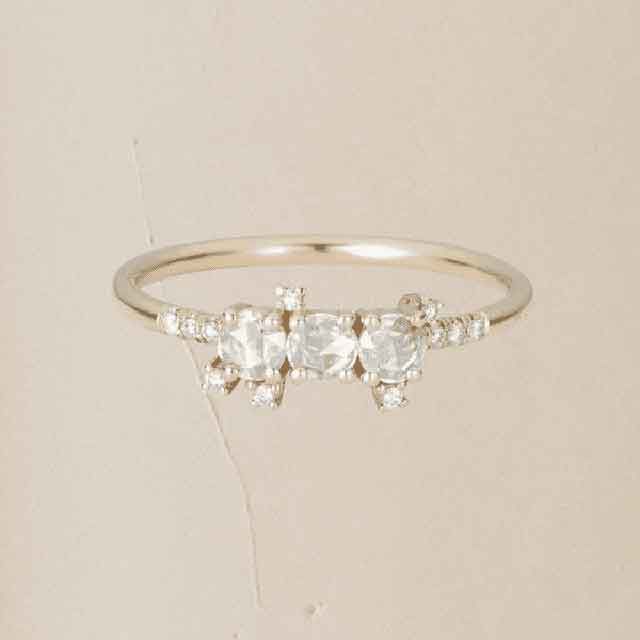 Jennie Kwon Rose Cut Diamond Cluster Equilibrium Ring collaged on a beige background