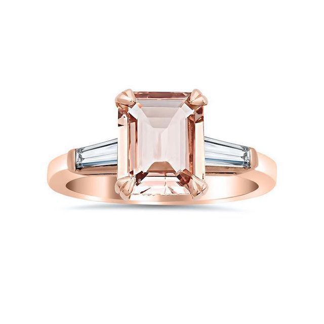 DeBebians Emerald-Cut Morganite and Baguette Three-Stone Engagement Ring