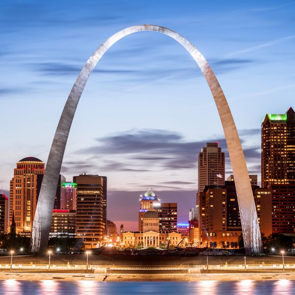 The Gateway Arch and Skyline at Night in St. Louis, Missouri