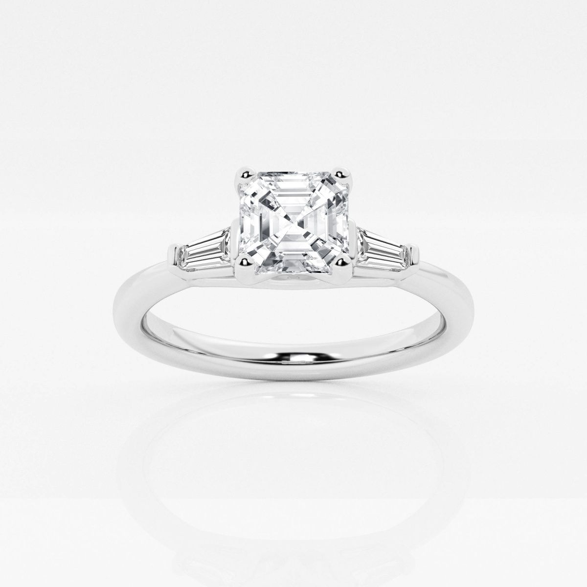 asscher cut engagement ring with baguette stones on either side