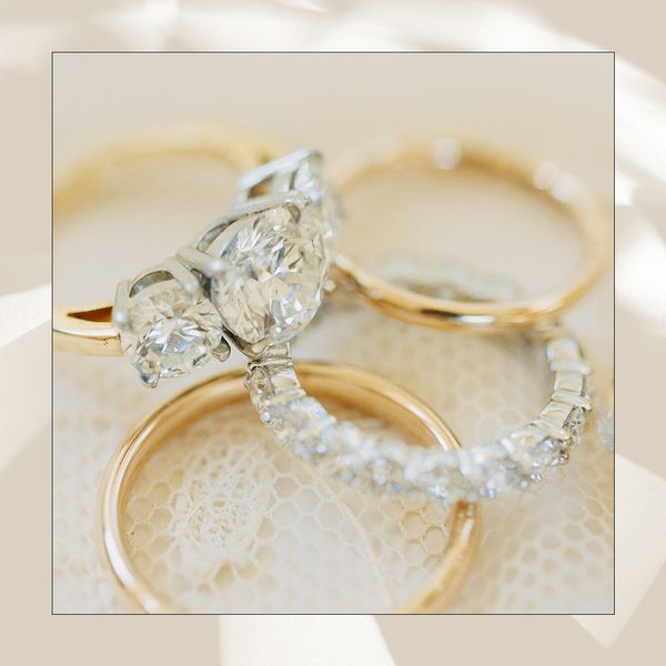 Close Up of Diamond Rings And Gold Bands