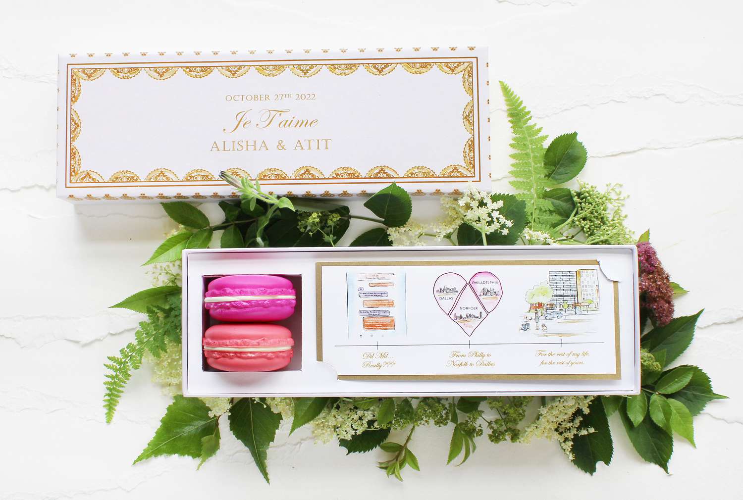 A dessert-themed boxed wedding invitation featuring macarons.