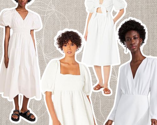 Various Models Wearing White Dresses For Amazon Prime Day Arranged on a fabric background