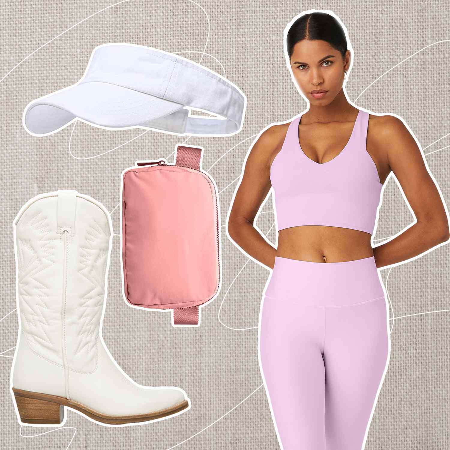 A variety of activewear staples for daytime bachelorette activities on a beige background