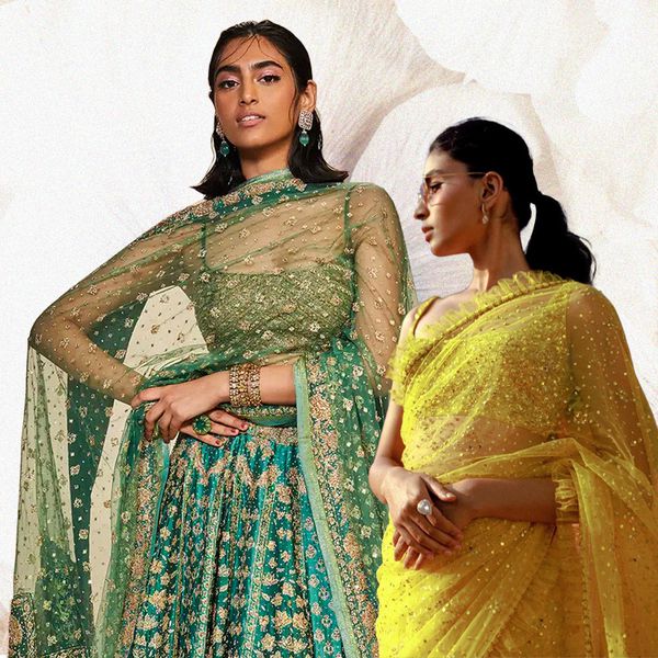 collage of two models wearing brightly colored saris