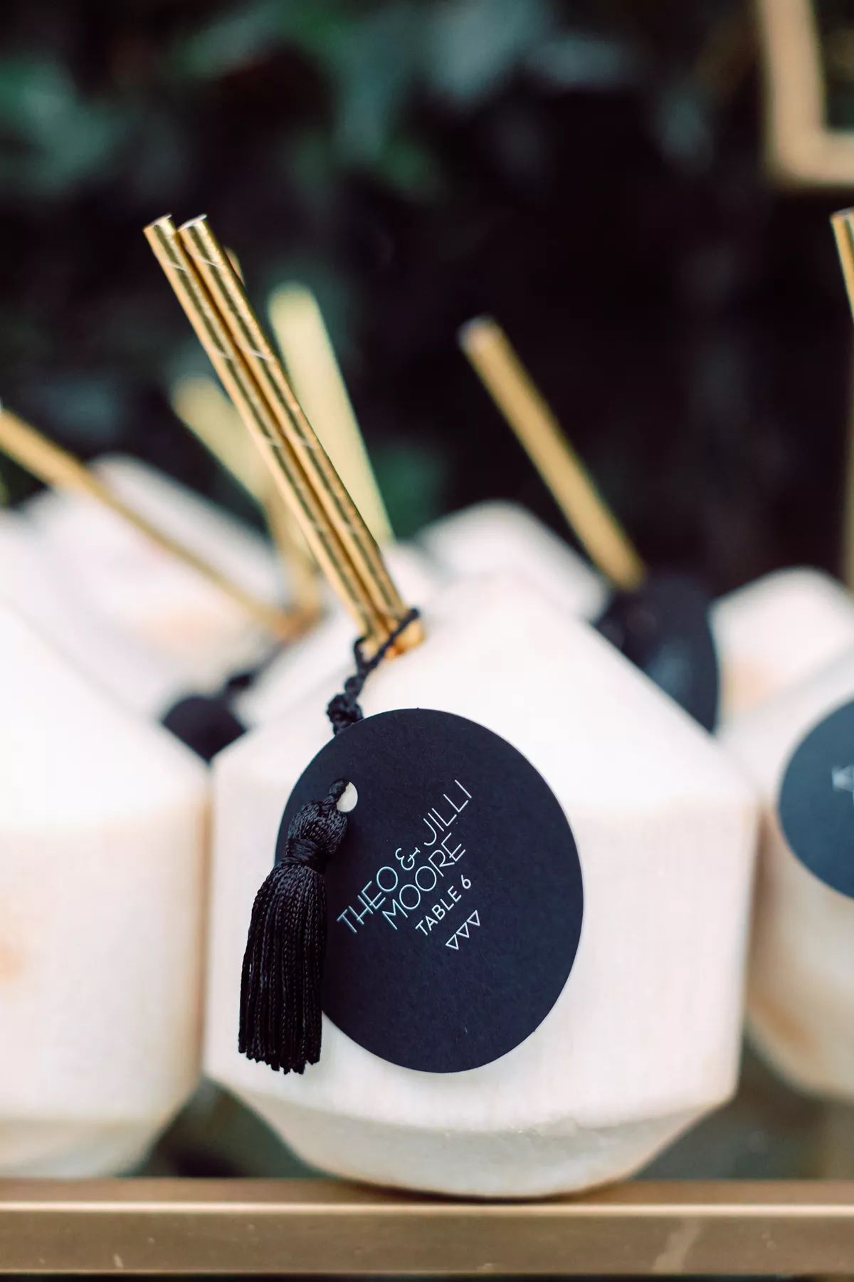 coconut escort cards with black name tags and gold straws