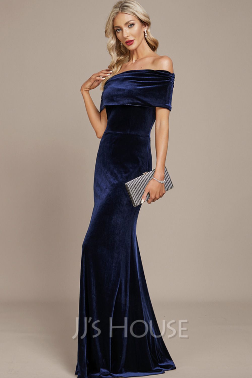 JJ's House Sheath/Column Off-the-Shoulder Floor-Length Velvet Evening Bridesmaid Dress