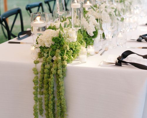 Green Hanging Amaranthus Centerpiece With White Hydrangeas and Roses