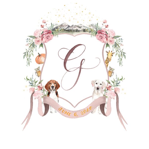 Custom Watercolor Wedding Crest with Pet Illustration and Pumpkin Details