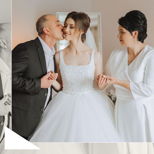 Bride in White Wedding Dress Being Greeted By Dad in Black Tuxedo and Mother in White Dress