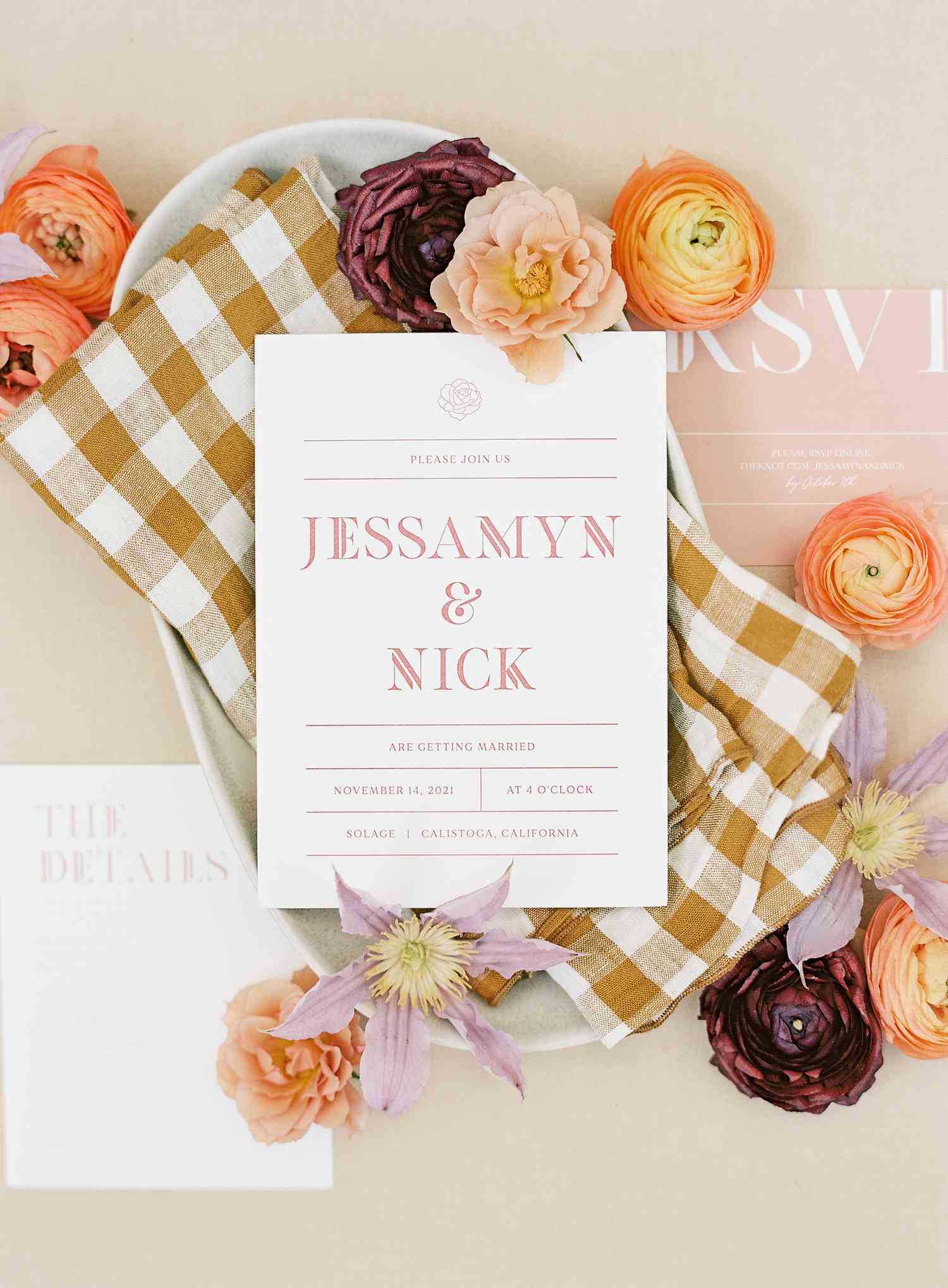 fall-inspired invitation suite with pink font