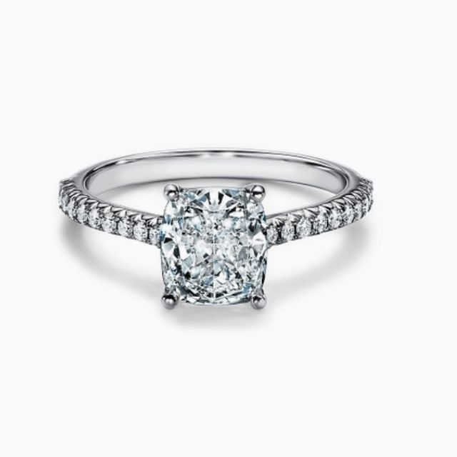 Cushion-cut Engagement Ring with a PavÃ© Diamond Platinum Band