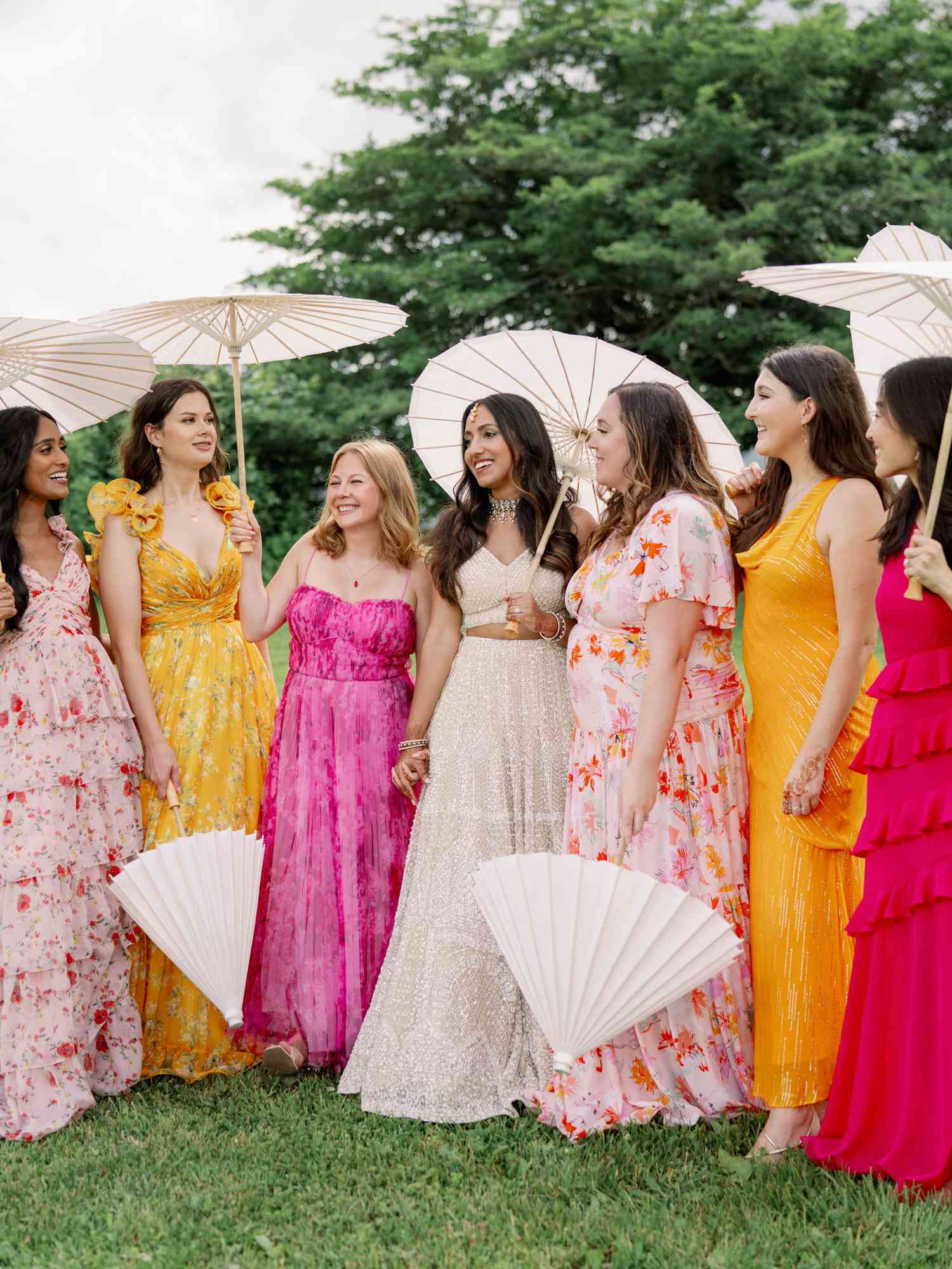 Bride and Bridesmaids in Colorful Gowns 