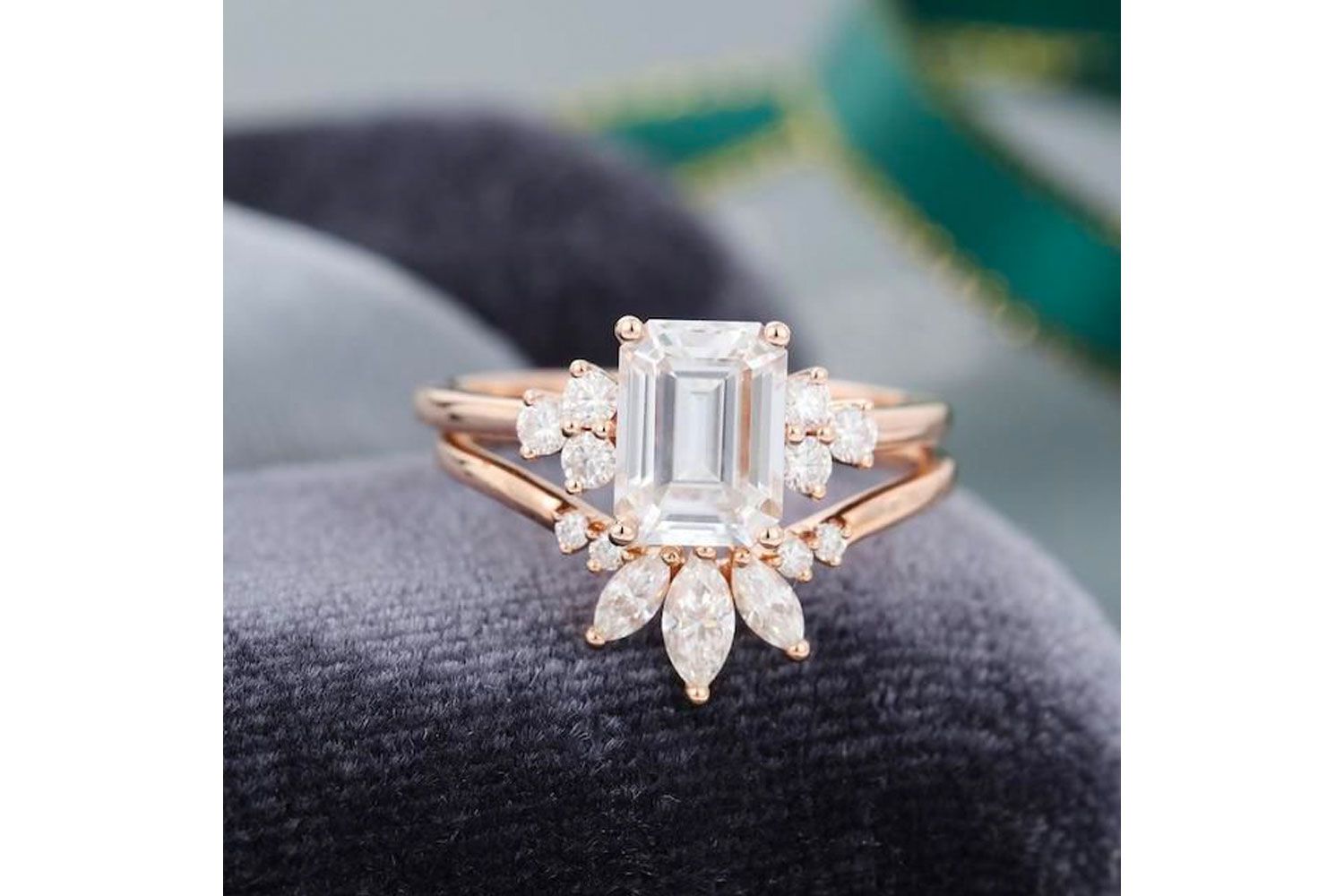 Cool Ring Jewelry Emerald-Cut Moissanite Engagement Ring and Marquise Wedding Ring