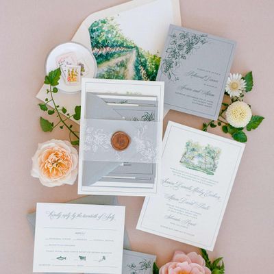 Gray and white wedding invitation suite with vineyard motifs and illustrated liners